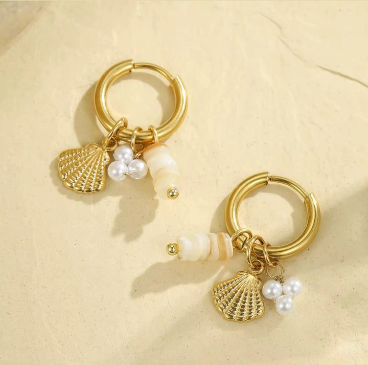 Pearls & Sea Shell Huggies